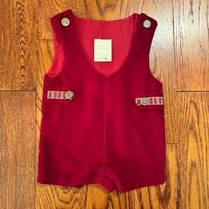 Christmas Boys 3-6 Months Jon Jon Red Velvet One Piece Accent Plaid Gold Buttons